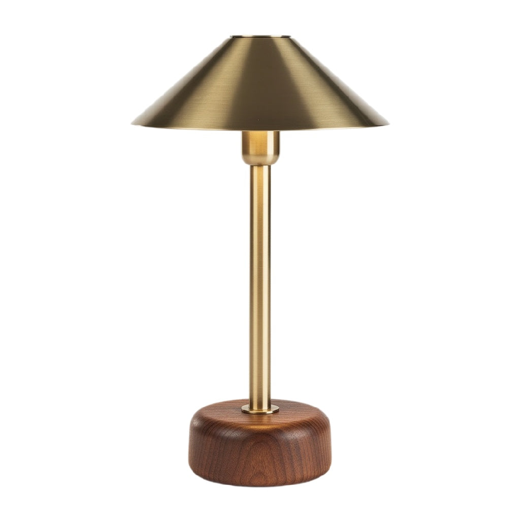 **Lampa stołowa z metalowym kloszem i drewnianą podstawą**